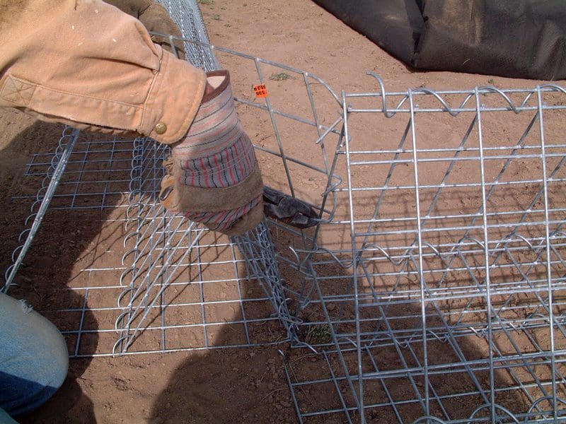 A person is holding onto the wire cage.